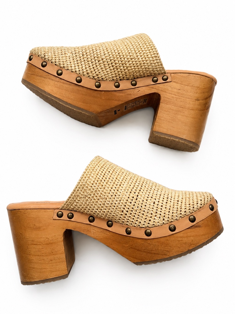 Free People Claudia Crochet Raffia Leather Studded Clogs Natural US 8.5 BNIB
